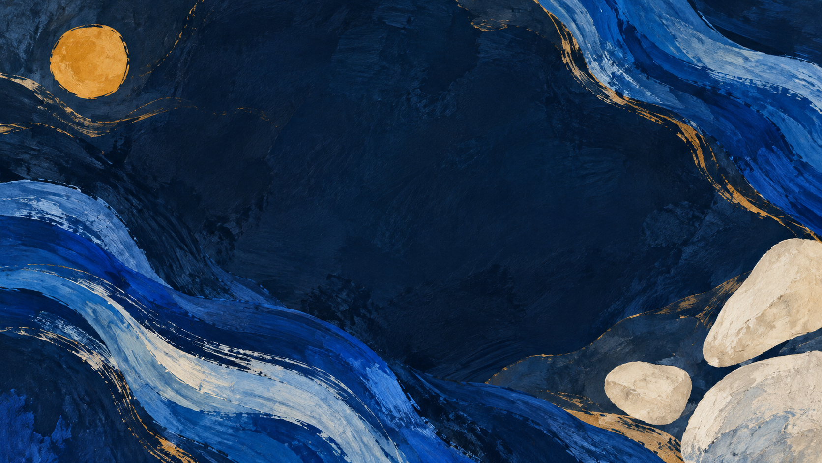 Abstract blue currents with a golden sun and soft cream shapes