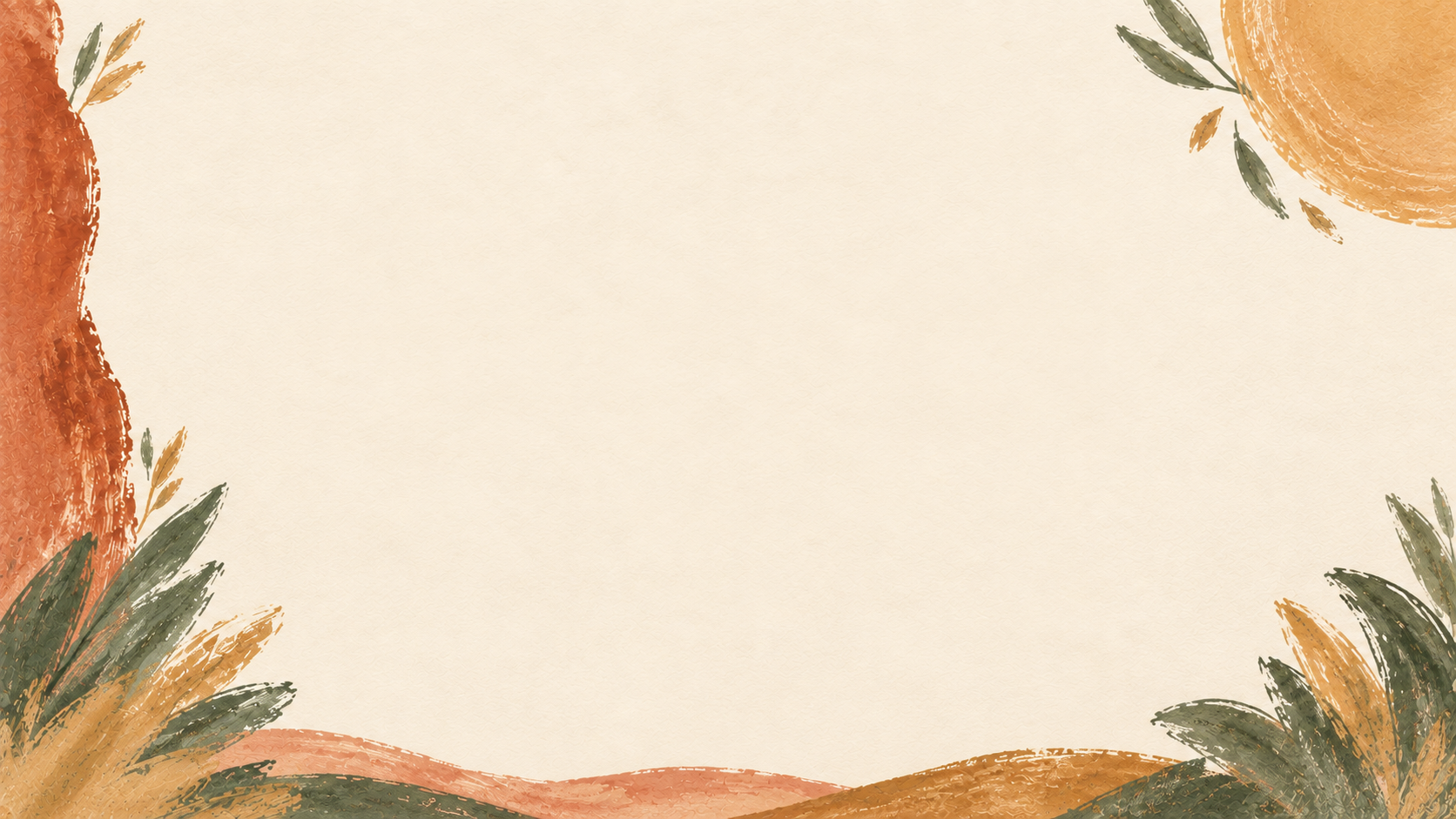 A spacious cream gouache painting framed by clay, sage, and ochre nature shapes