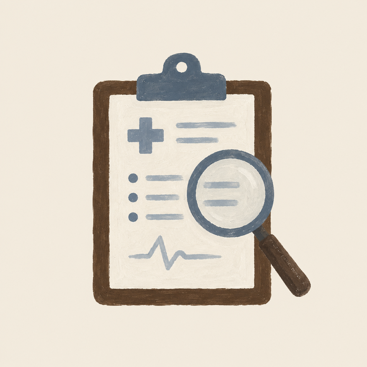 Gouache medical chart and magnifying glass representing clinical review